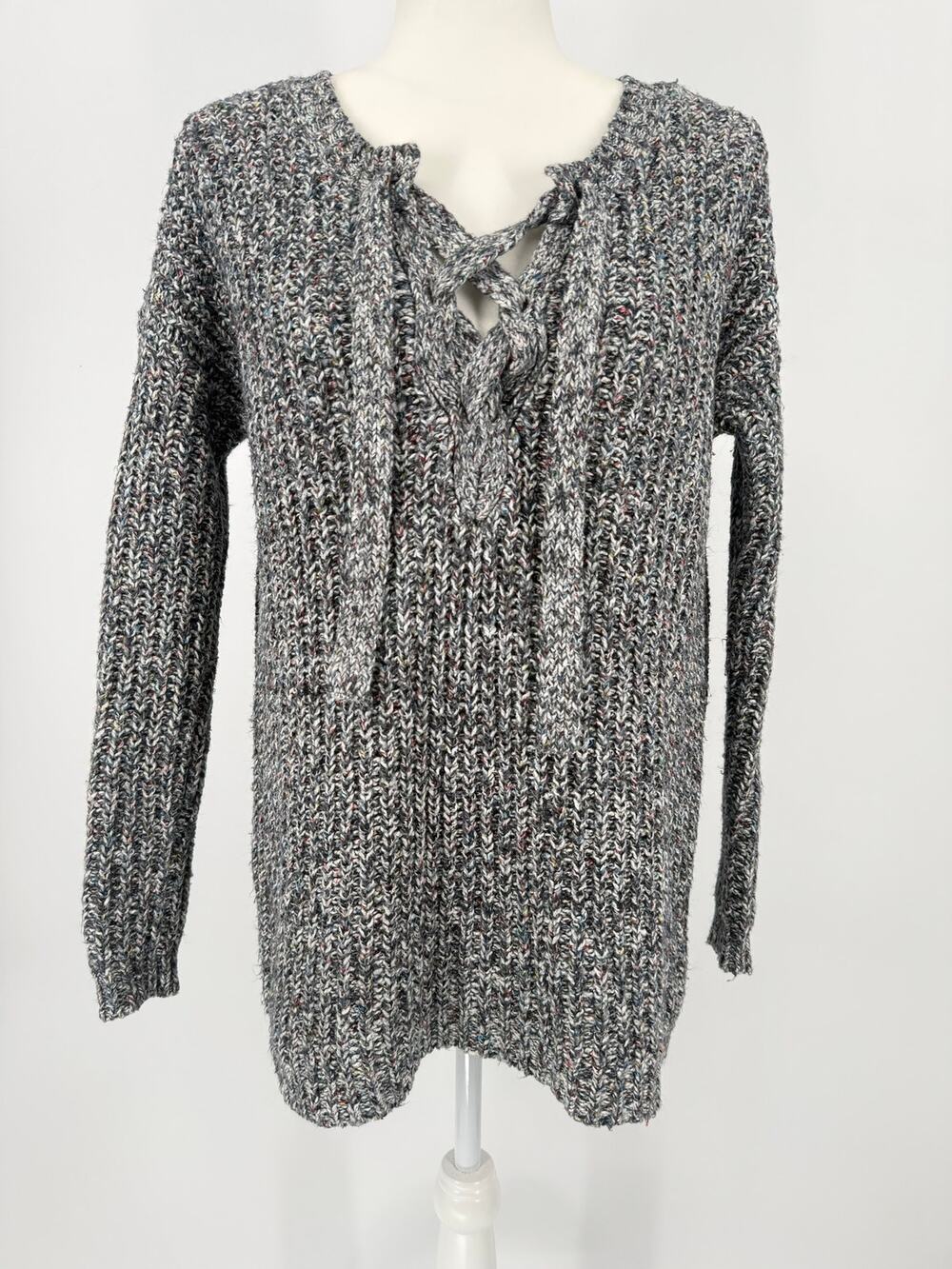 Aerie 2017 Gray Confetti Knit Lace Up V Neck Oversized Sweater XS Boho